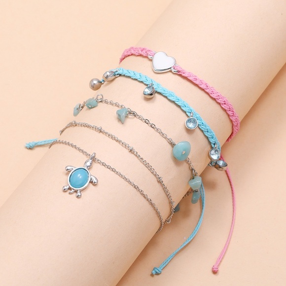 Blue and pink 4 piece ankle bracelet set - Picture 3 of 5